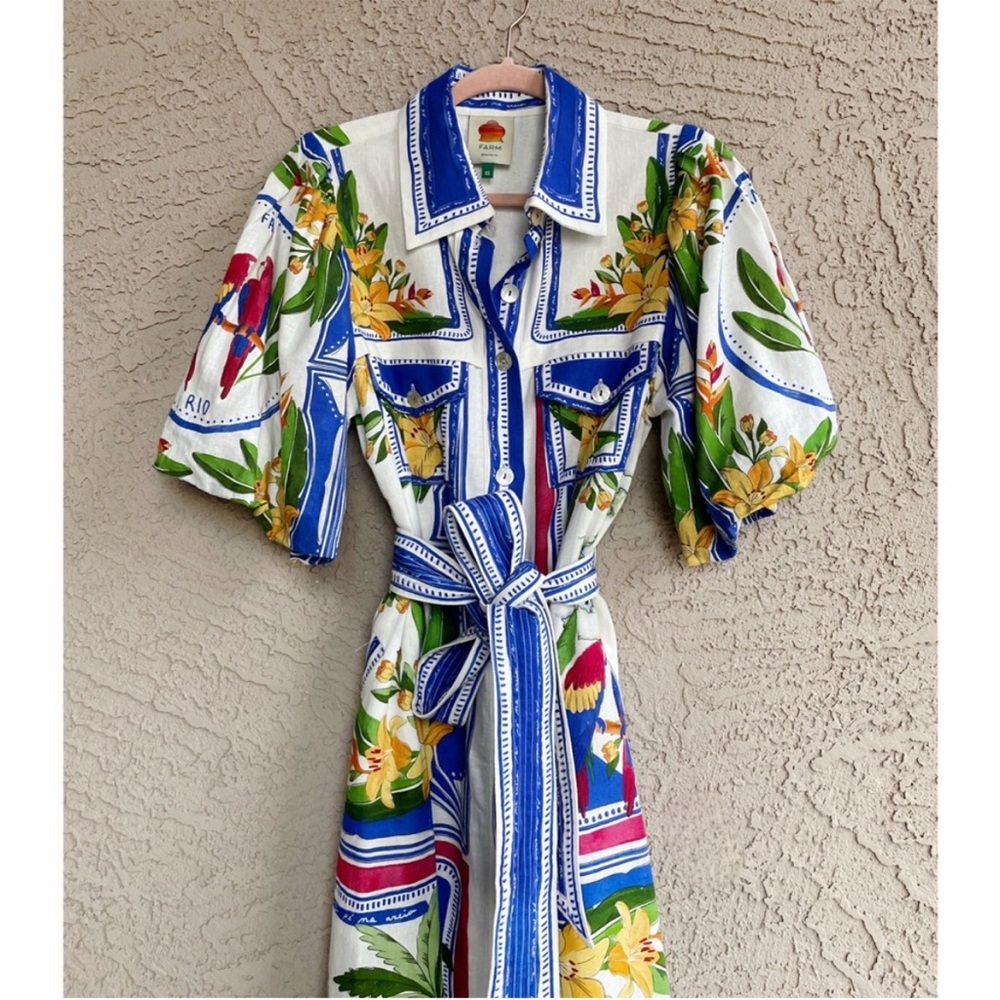 FARM RIO Blue White Tropical Floral Print Puff Sleeve Belted Linen Midi
Dress - Picture 4 of 5